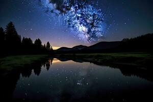 ai generado lechoso camino reflejado en lago. ai generado foto