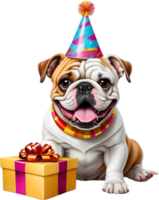 ai generiert ein Karikatur Hund tragen ein Geburtstag Hut und Geschenkbox png