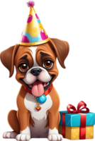 ai generato un' cartone animato cane indossare un' compleanno cappello e pacco regalo png