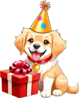 ai generado un dibujos animados perro vistiendo un cumpleaños sombrero y caja de regalo png