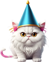 ai generiert glücklich Geburtstag Kitty Clip Art mit Party Hut und Geschenkbox png