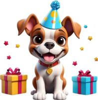 ai generato un' cartone animato cane indossare un' compleanno cappello e pacco regalo png