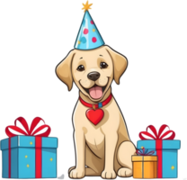 ai generado un dibujos animados perro vistiendo un cumpleaños sombrero y caja de regalo png