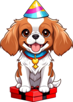 ai généré une dessin animé chien portant une anniversaire chapeau et boite cadeau png