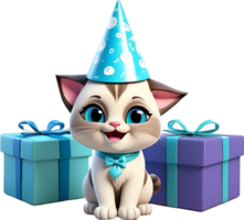 ai generado gato con fiesta sombrero y caja de regalo , contento nacimiento día png