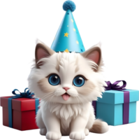 AI generated CAt with party hat and giftbox , happy birth day png