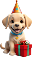 ai gegenereerd hond met verjaardag hoed en geschenk doos png