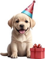 ai generado perro con cumpleaños sombrero y regalo caja png