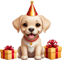 ai gegenereerd hond met verjaardag hoed en geschenk doos png