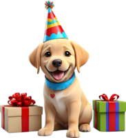 AI generated dog with birthday hat and gift box png