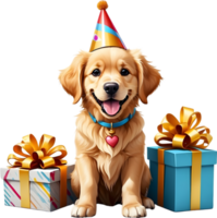 ai generado perro con cumpleaños sombrero y regalo caja png