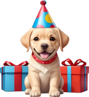 ai generado perro con cumpleaños sombrero y regalo caja png