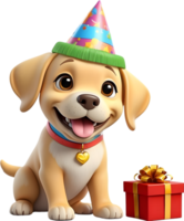 ai généré chien avec anniversaire chapeau et cadeau boîte png