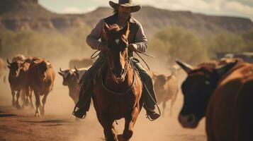 ai generado vaquero pastoreo vacas en polvoriento paisaje ai generado foto