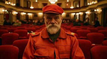 ai generado mayor ujier en rojo uniforme a teatro ai generado foto