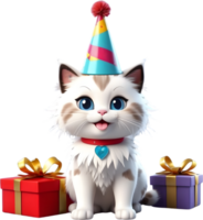 ai généré chat avec fête chapeau et boite cadeau , content naissance journée png