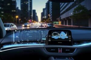 ai generado moderno inteligente coche tecnología inteligente sistema utilizando cabezas arriba monitor hud autónomo yo conducción modo vehículo en ciudad la carretera con gráfico sensor Radar señal sistema inteligente coche. foto