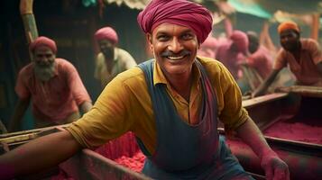 AI generated Joyful Worker in Indian Color Powder Factory AI generated photo