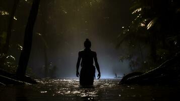 ai generado mujer caminando mediante selva río ai generado foto