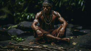 AI generated Indigenous Man Seated in Tropical Rainforest AI generated photo