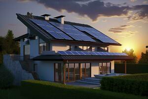 AI generated Modern house with blue solar panels on the roof. End of the day, sunset. AI Generated photo