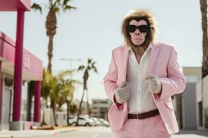 AI generated A Monkey is wearing sunglasses, suit and standing on street. AI Generated photo