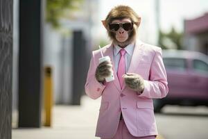 AI generated A Monkey is wearing sunglasses, suit and standing on street. AI Generated photo