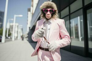 ai generado un mono es vistiendo Gafas de sol, traje y en pie en calle. ai generado foto