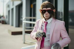 AI generated A Monkey is wearing sunglasses, suit and standing on street. AI Generated photo