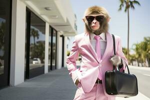 ai generado un mono es vistiendo Gafas de sol, traje y en pie en calle. ai generado foto