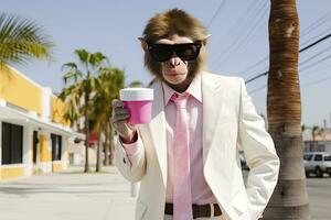 AI generated A Monkey is wearing sunglasses, suit and standing on street. AI Generated photo