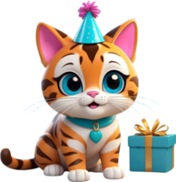 ai generiert ein Karikatur Katze tragen ein Geburtstag Hut und Geschenk Box png