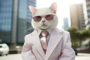 AI generated A cat is wearing sunglasses, suit and standing on street. AI Generated photo