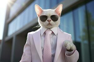 ai generado un gato es vistiendo Gafas de sol, traje y en pie en calle. ai generado foto