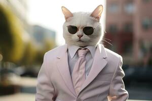 AI generated A cat is wearing sunglasses, suit and standing on street. AI Generated photo