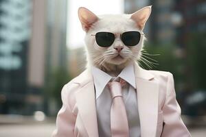 AI generated A cat is wearing sunglasses, suit and standing on street. AI Generated photo