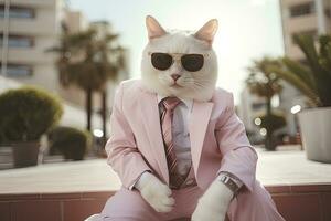 AI generated A cat is wearing sunglasses, suit and standing on street. AI Generated photo