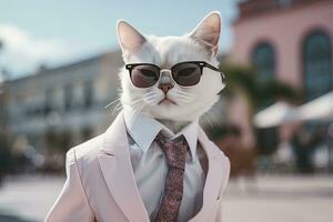 AI generated A cat is wearing sunglasses, suit and standing on street. AI Generated photo