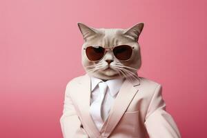 AI generated A cat is wearing sunglasses and suit on Pink Background. AI Generated photo