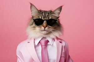 AI generated A cat is wearing sunglasses and suit on Pink Background. AI Generated photo
