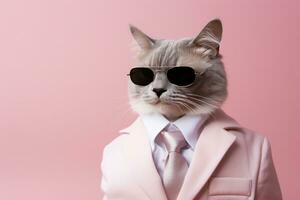 AI generated A cat is wearing sunglasses and suit on Pink Background. AI Generated photo