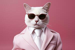 ai generado un gato es vistiendo Gafas de sol y traje en rosado antecedentes. ai generado foto