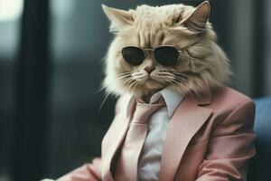 AI generated A cat is wearing sunglasses, suit and standing on street. AI Generated photo