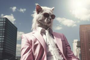 ai generado un gato es vistiendo Gafas de sol, traje y en pie en calle. ai generado foto