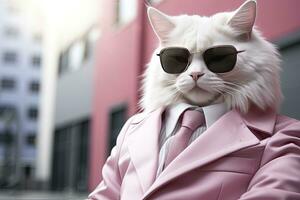 AI generated A cat is wearing sunglasses, suit and standing on street. AI Generated photo