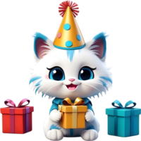 AI generated CAt with party hat and giftbox , happy birth day png
