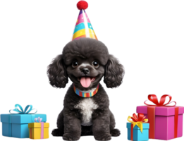 ai generado perro con cumpleaños sombrero y regalo caja png