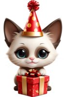 ai generado gato con fiesta sombrero y caja de regalo , contento nacimiento día png