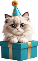 AI generated CAt with party hat and giftbox , happy birth day png