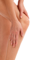 Closeup shot of woman holding sore knee, isolated png